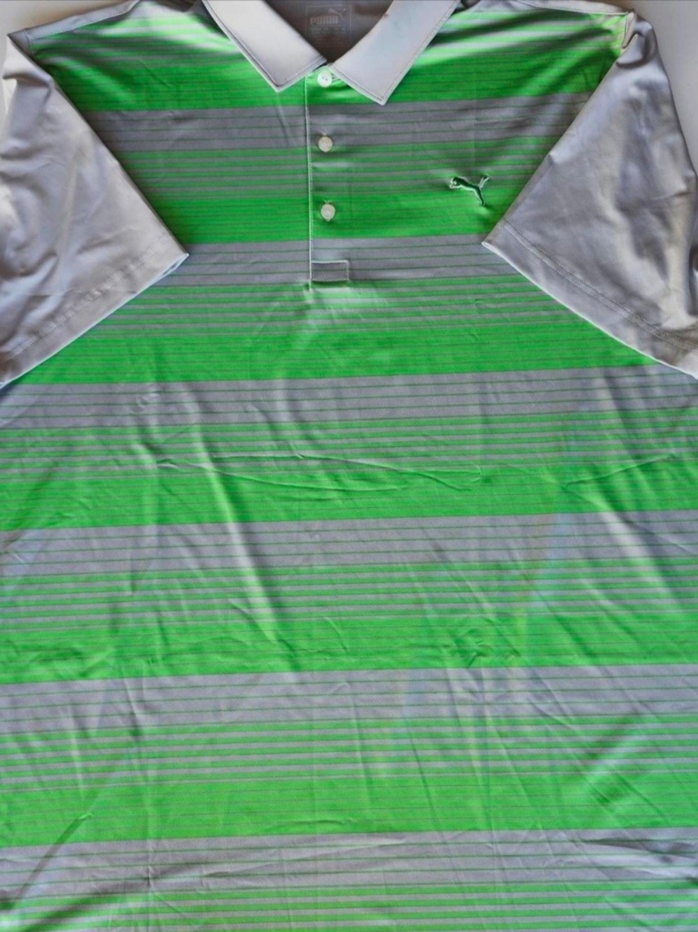 Puma Men's Green and Grey Striped Performance Polo